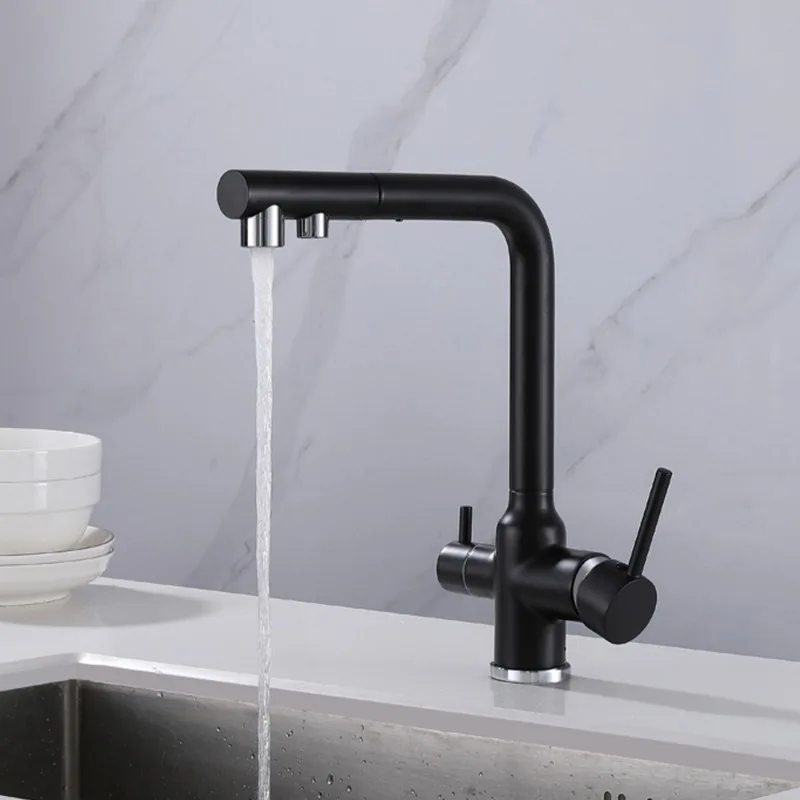 Wholesale Double Hole Matte Black Chrome Lead Free Brass Pull Out Sink Faucet 3 Way Purifier Water Tap