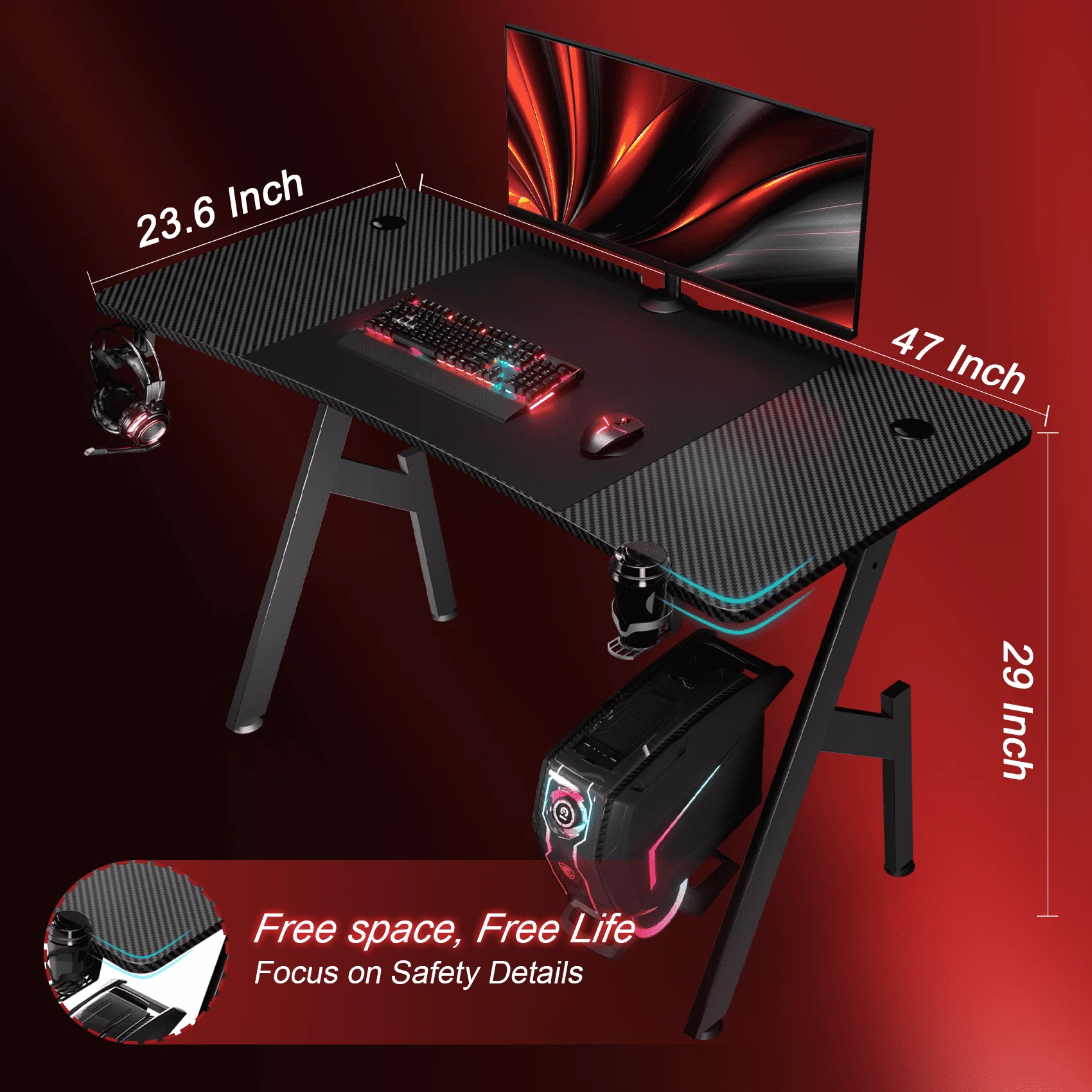 47-Zoll-Gaming-Schreibtisch, ergonomischer Gamer-Tisch, Computertisch, PC-Workstation