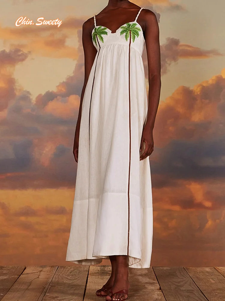 

Платье женское белое на бретельках с принтом кокосового дерева, пляжный свободный сарафан с завышенной талией для отдыха на работу