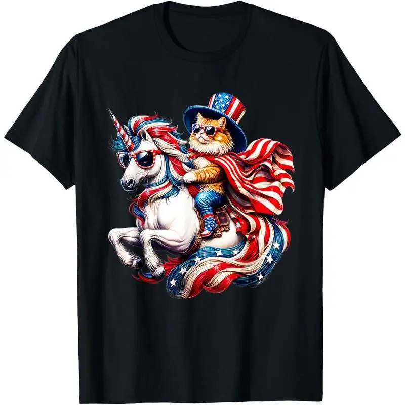 

Funny Cat T-shirt, Patriotic American Flag Unicorn & Cat Graphic Tee, Cool 4th of July Gift, USA Lover Shirts for Men Women