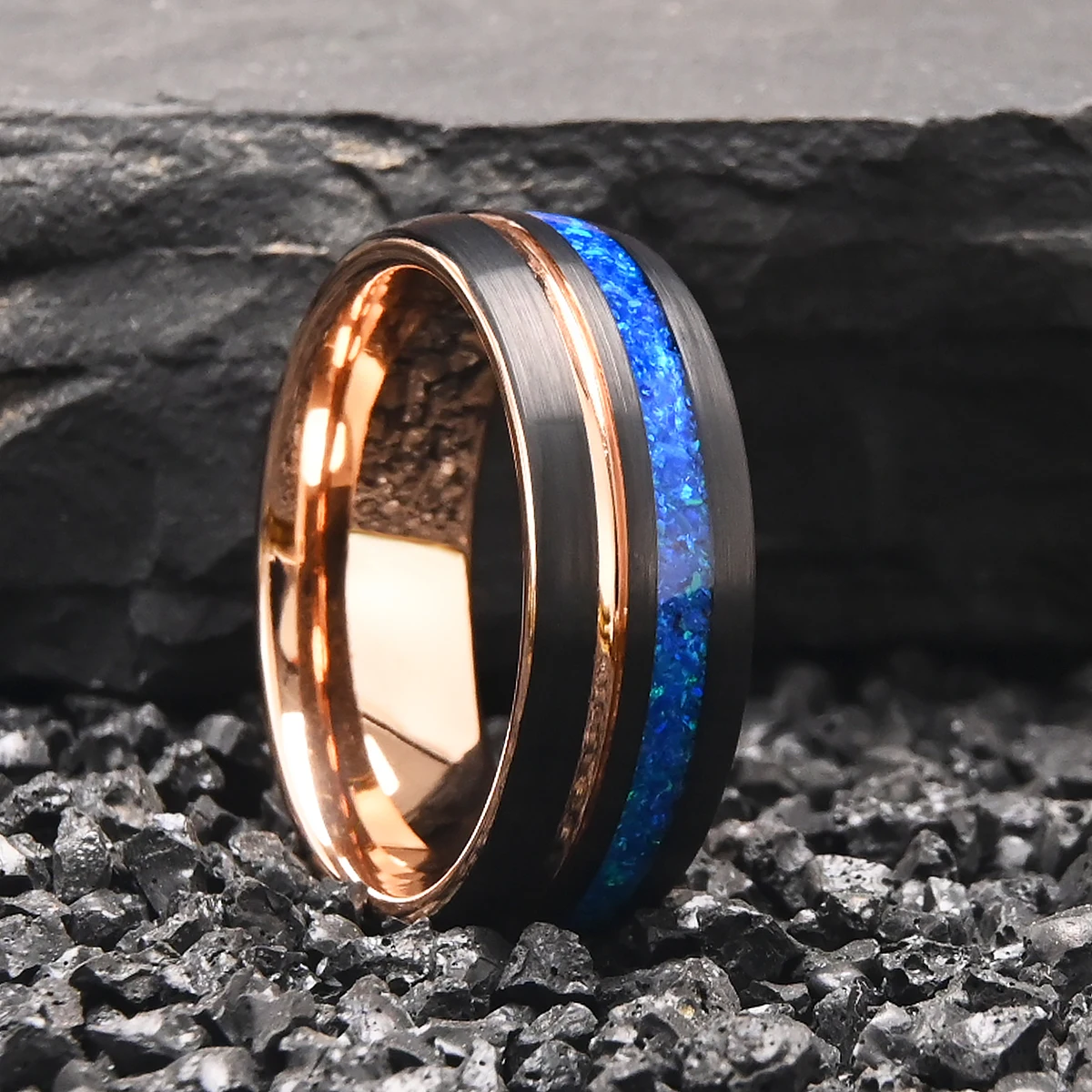 8mm Tungsten Carbide Rings for Men and Women rosegold Groove with Blue Opal Men\'s Wedding band fashion Comfortable to Wear