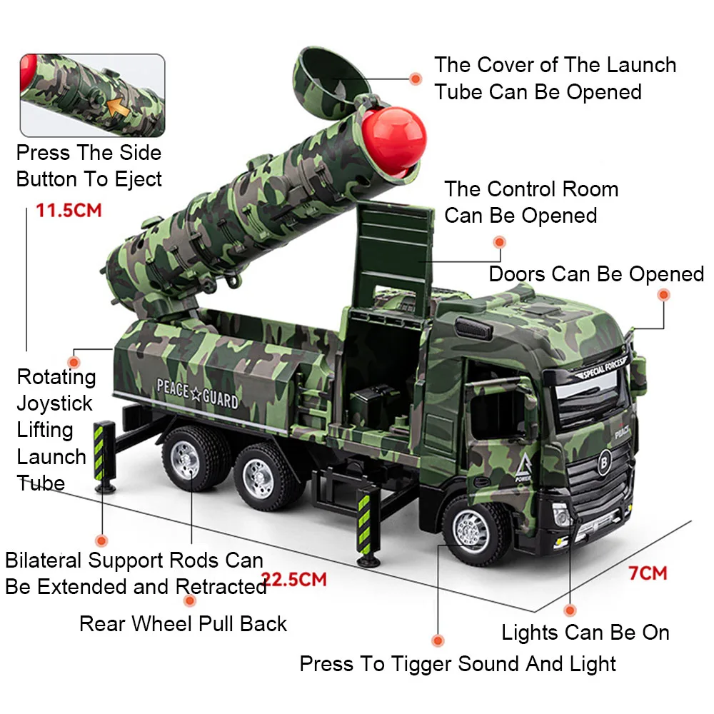 Schaal 1:32 Missile Truck Speelgoedmodel Auto Raketwerper Voertuig Metaal Diecast Geluid Licht Trek Militaire Modellen Jongens Geschenken