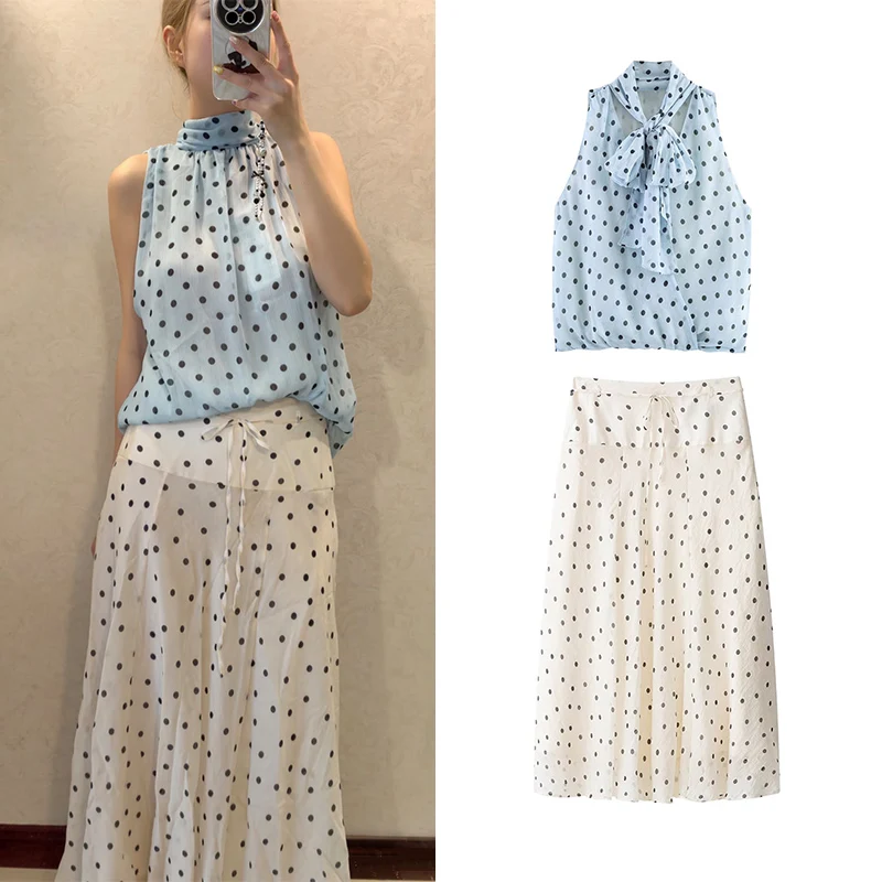 

Women's Polka Dot Set 2026 New Summer Sleeveless V-neck Halter Bow Top Women Skirt Vacation Style Chic Personality Ladies Set