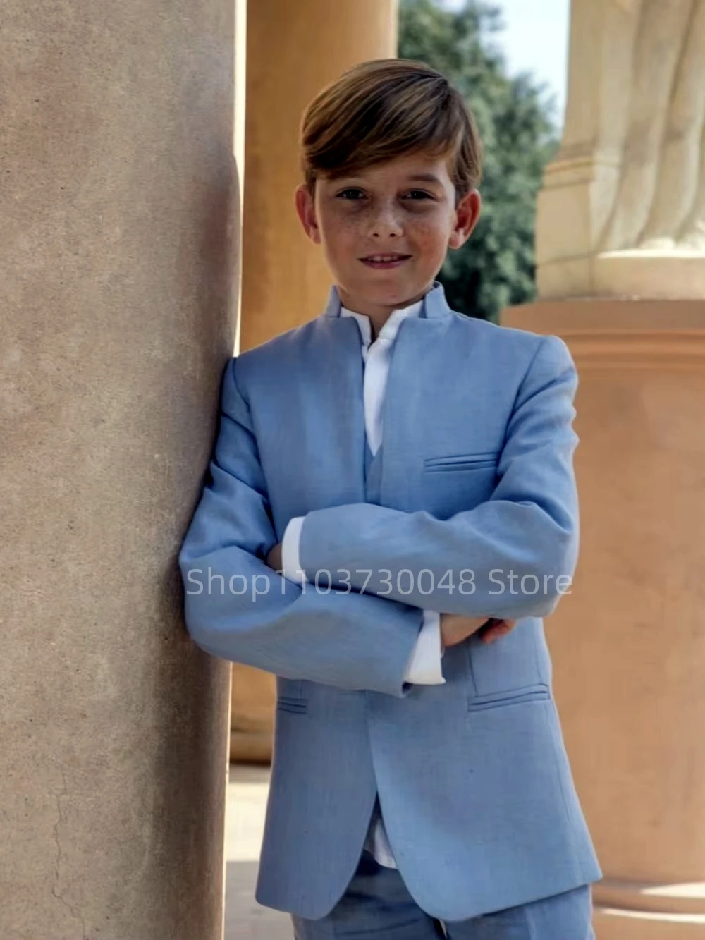 3 Pieces Light Blue Linen Boys Suits Summer Breathable Kids Suit Set Outdoor Wear Handsome Children Tuxedo Beach Wedding Outfit