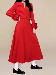 Luxury 2024 autumn women's new cuff flower V-neck blouse+high waist big swing pocket skirt two-piece fashion suit