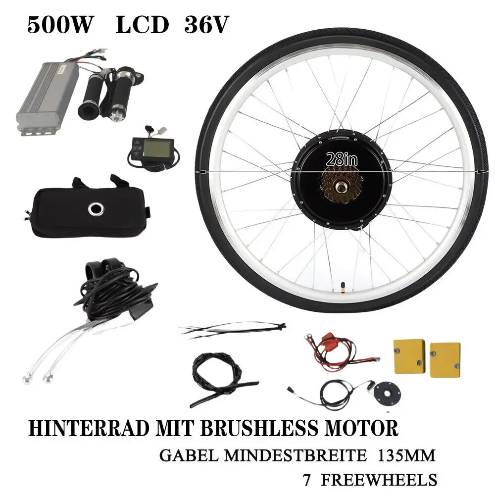 28" 36V 500W/48V 1000W achterwiel ebike conversiekit – krachtige elektrische fietsmotorset met LCD-scherm, PAS-sensor