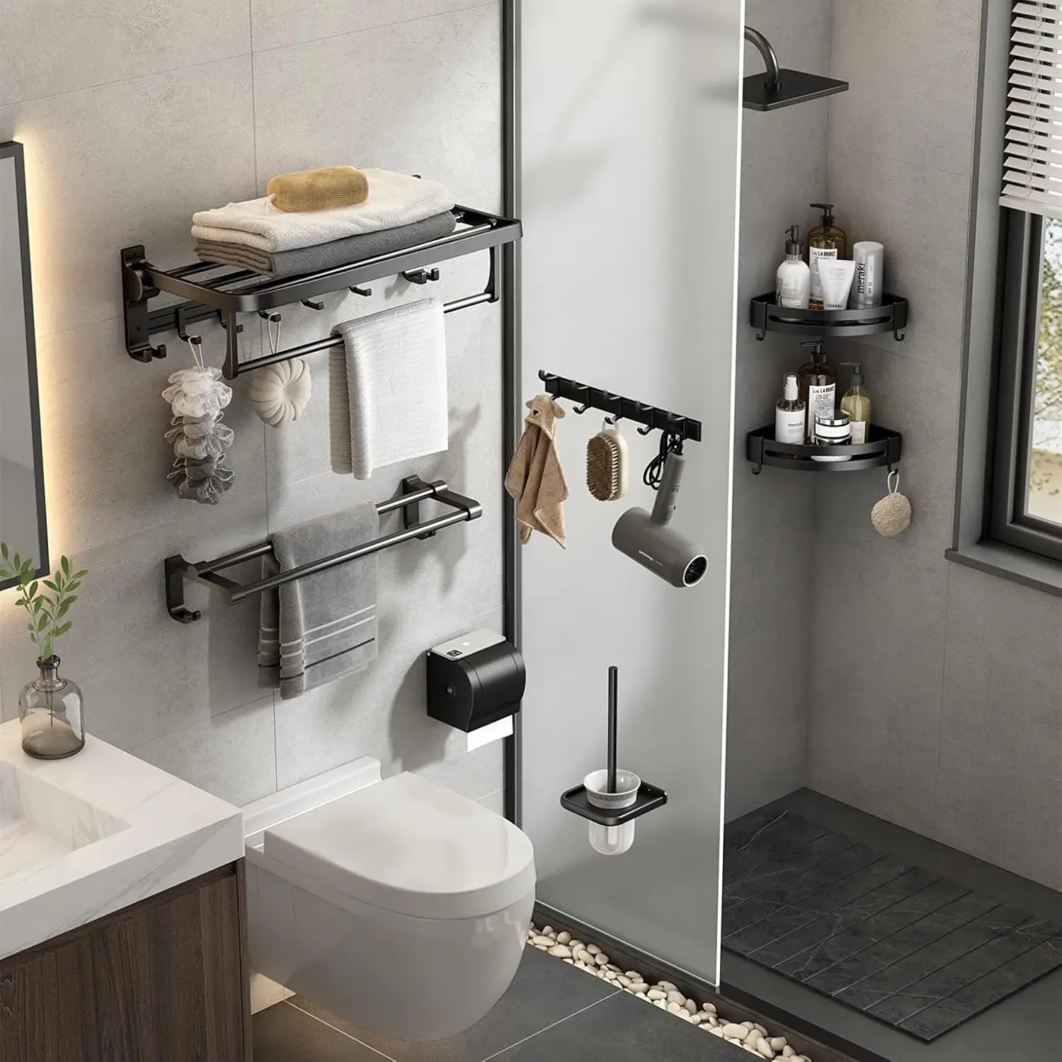 24 Inch Towel Rack with Towel Bar Holder Foldable Towel Shelf with Movable Hooks Rustproof Towel Storage Wall Mount