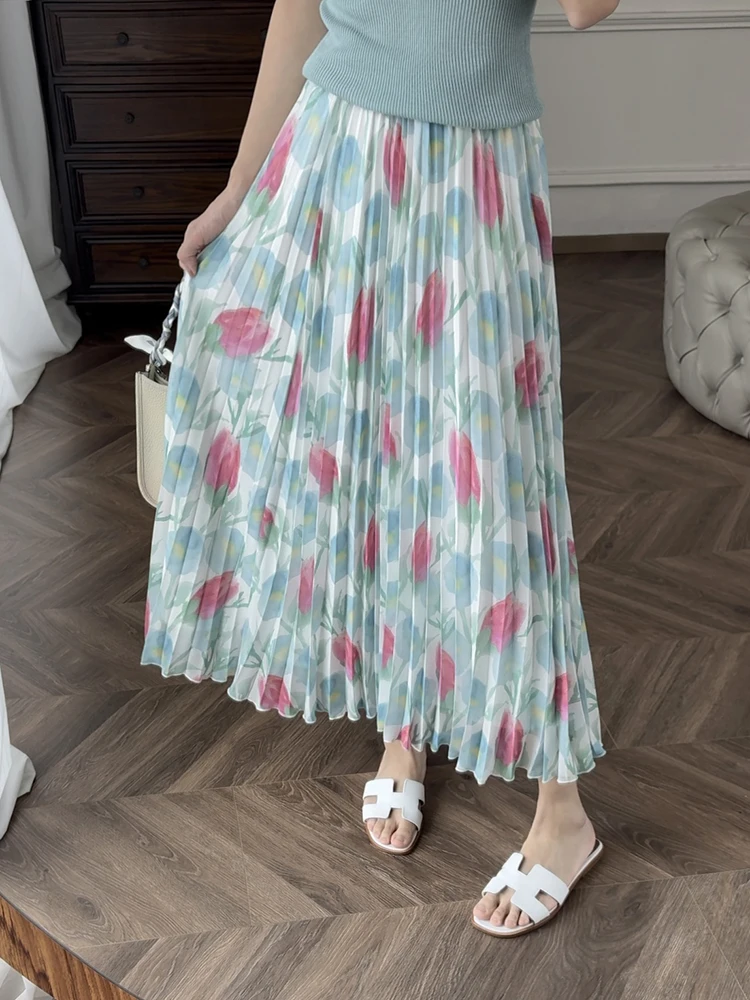 

Zhang ei 25SS "Banyan Tulip" Lightweight Breathable Elastic Waist A-Line Pleated Midi Skirt Korean Sle High Waist Polye...