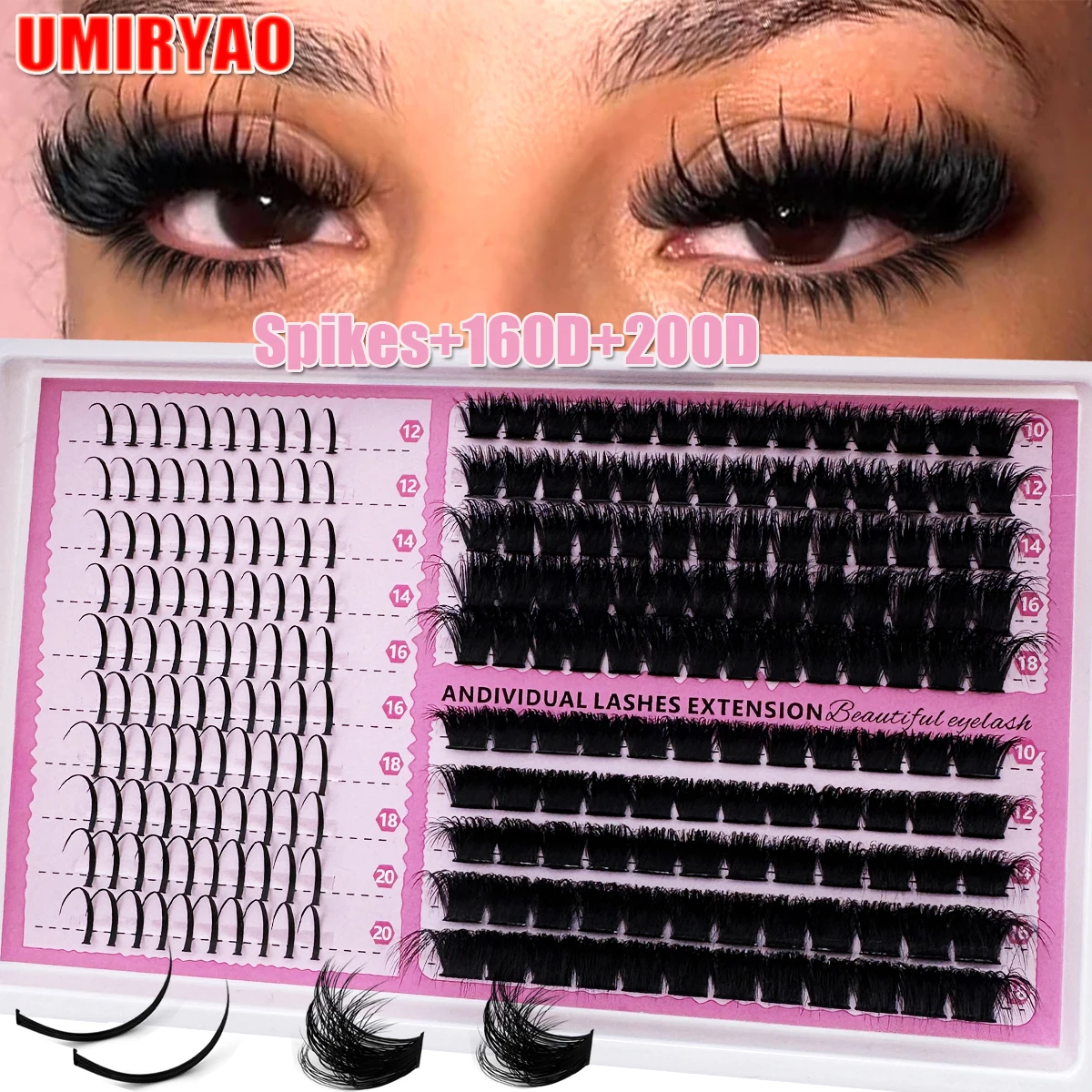 UMIRYAO Spikes+160D+200D/Spikes+100D+80D/Spikes+60D+80D Lashes Clusters Natural Eyelash Clusters Wispy Manga Lash Extension Unique Spiky Cluster Eyelash Extensions Anime Individuals Fairy Cluster Lashes 10-20mm 300pcs/270pcs/230pcs DIY At Home