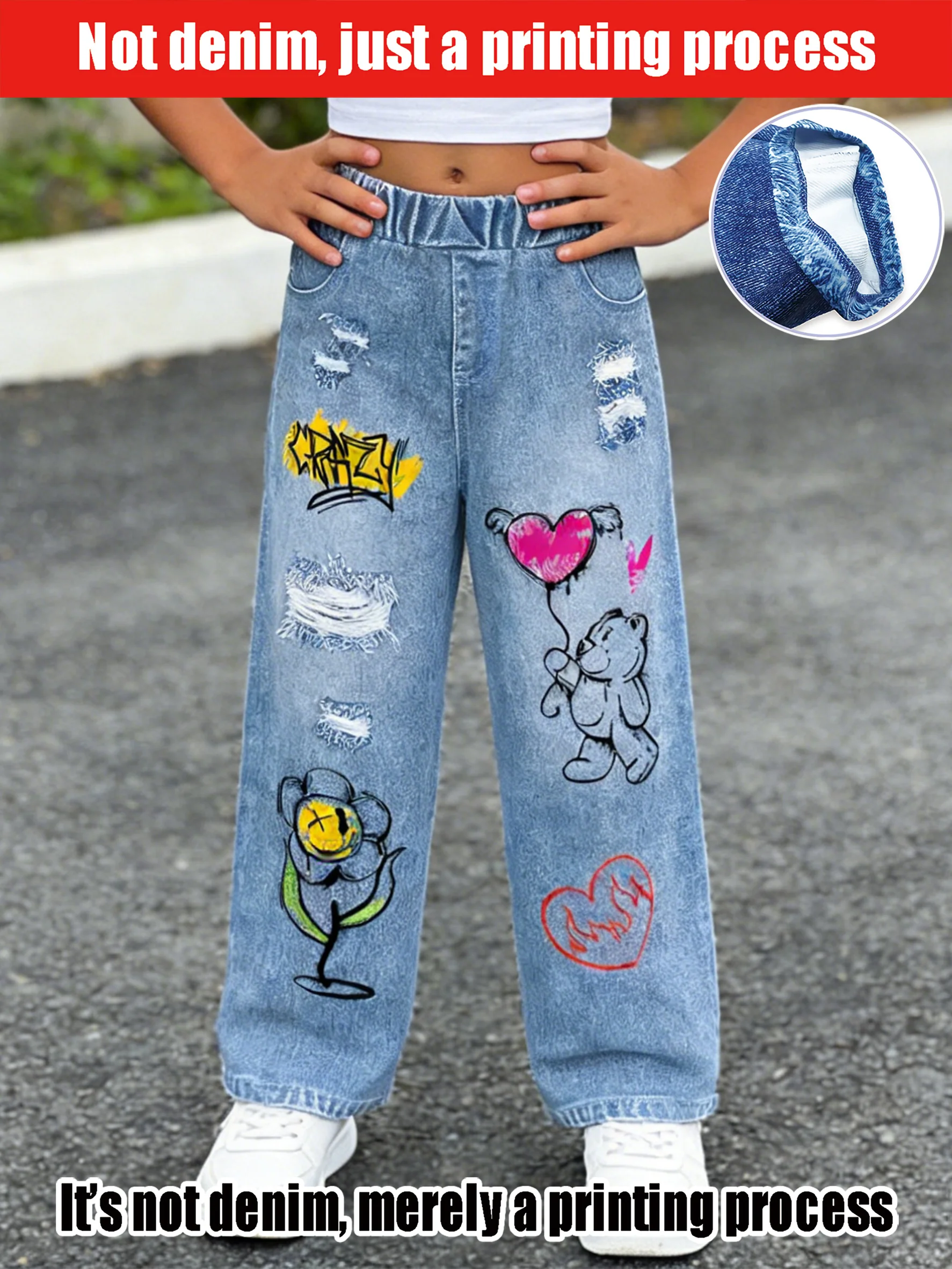 2026 children's light blue imitation denim wide-leg pants, old holes, graffiti style