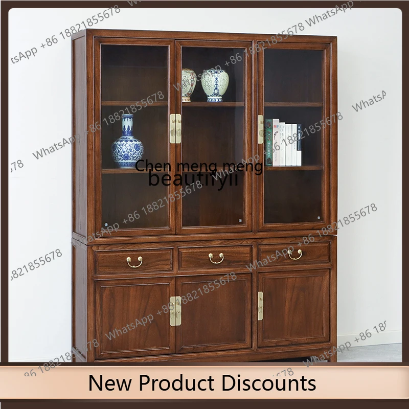 

X f4567New Chinese solid wood antique glass cabinet study furniture living room display, elm, mortise and tenon structure bookca