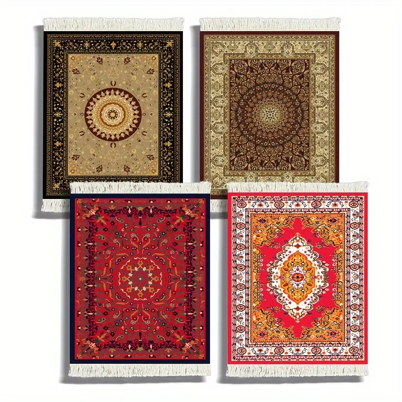 

Elegant Oriental-Inspired Fabric Coasters - 4pcs Set with Tassels, Rubber Base Drink Mats for Home, Kitchen, and Bar - Machine