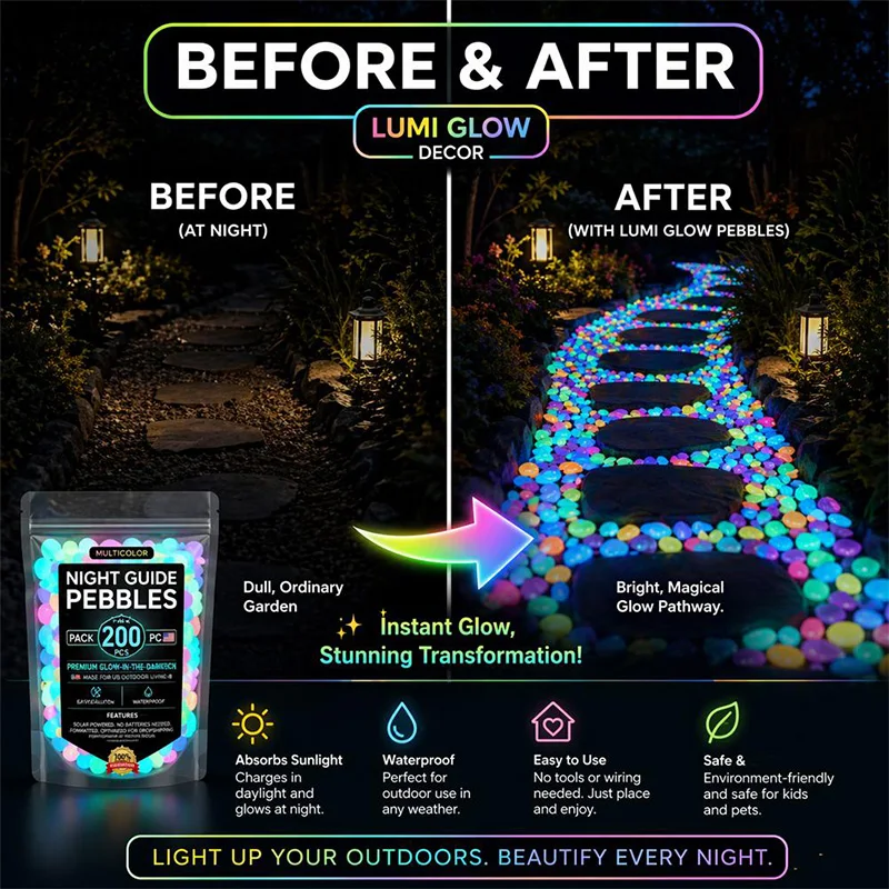Glow in the Dark Pebbles Luminous Stones for Garden Outdoor Glowing Rocks for Water Features Landscape Decor
