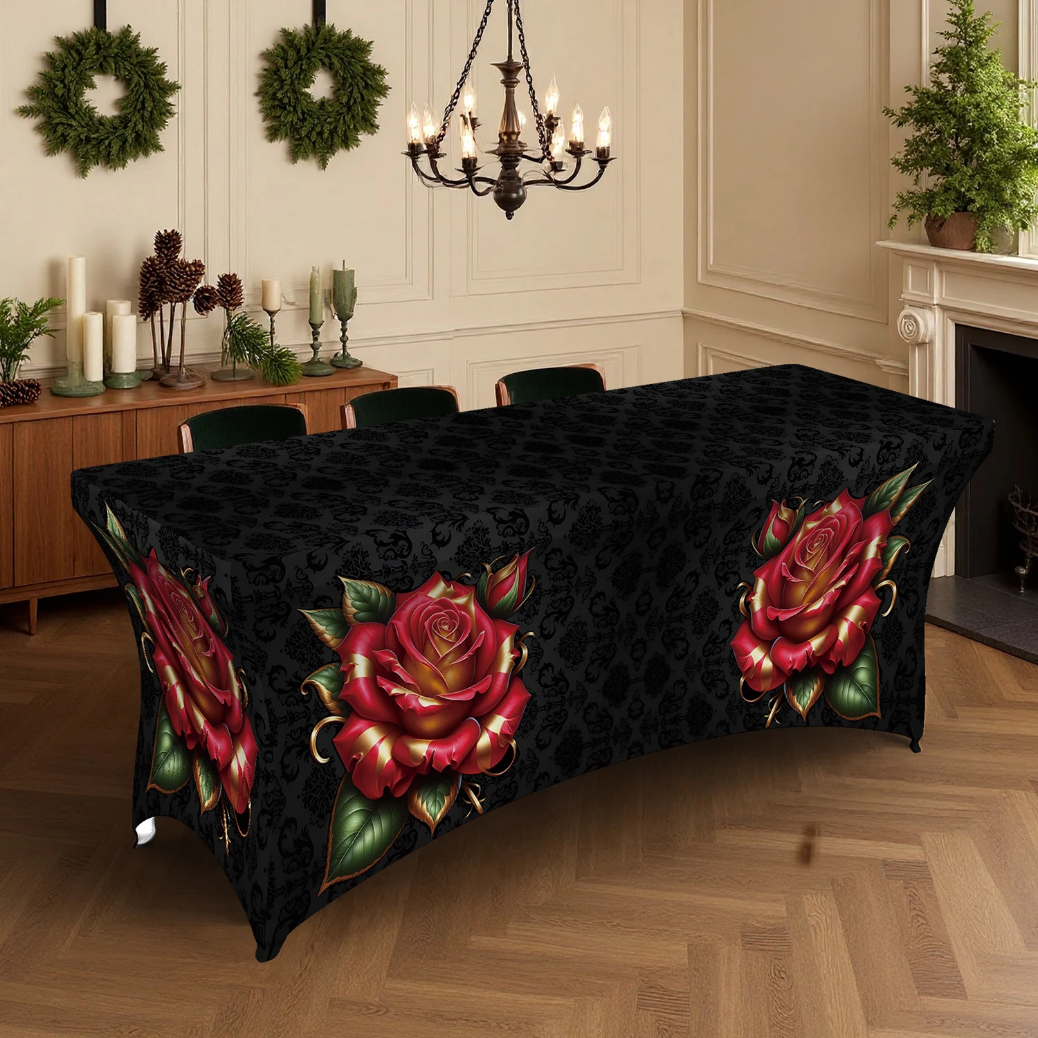 1PC Summer Outdoor Elastic Tablecloth, Red Rose & Black Damask Digital Print, 4/6/8FT Rectangular Stretch Ta