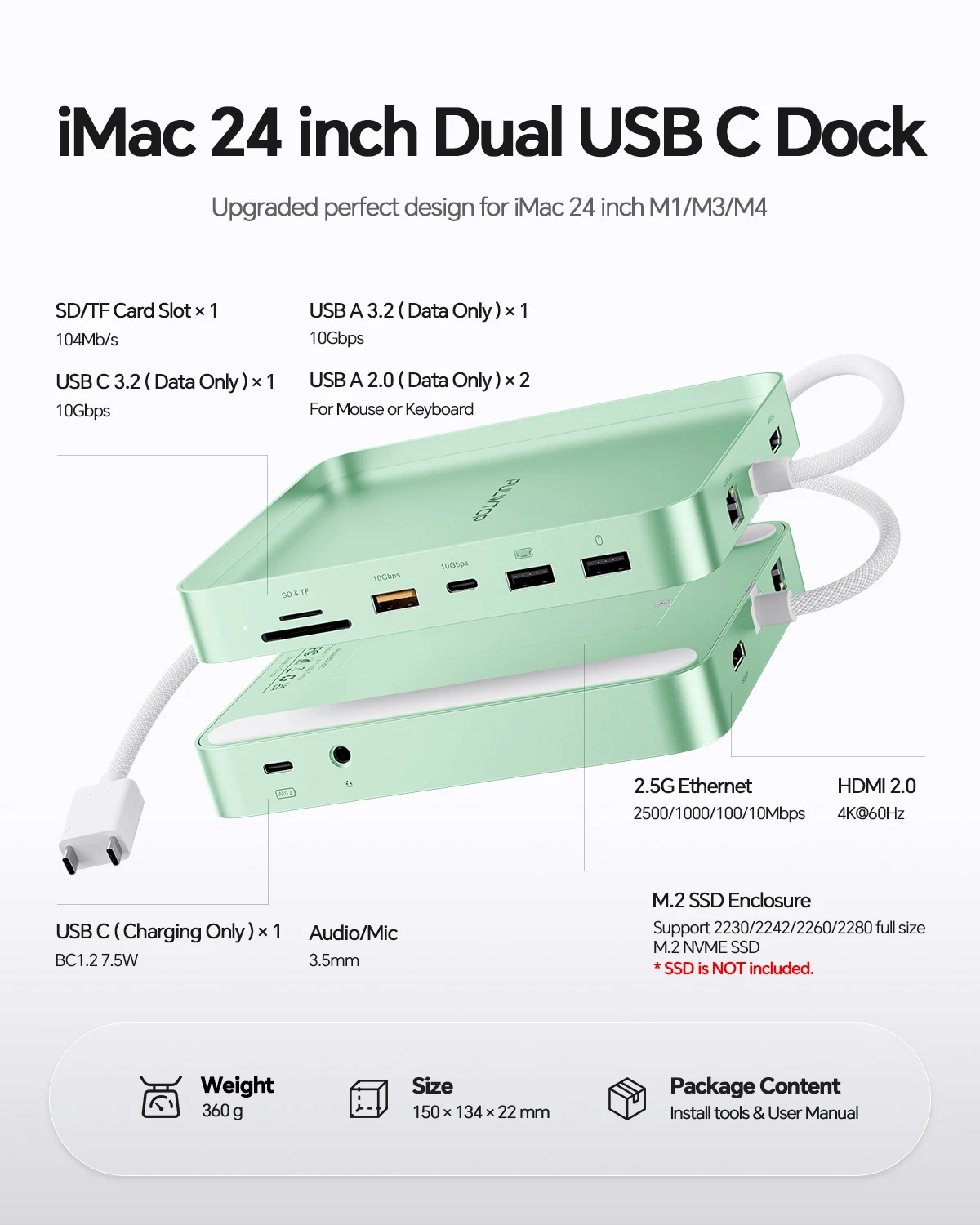 PULWTOP USB C Hub for iMac 24 Inch M1 M3 M4, Support M.2 SSD (NOT Included) with 4K H, 2.5G Ethernet, USB A/C Max 10Gbps, SD/TF