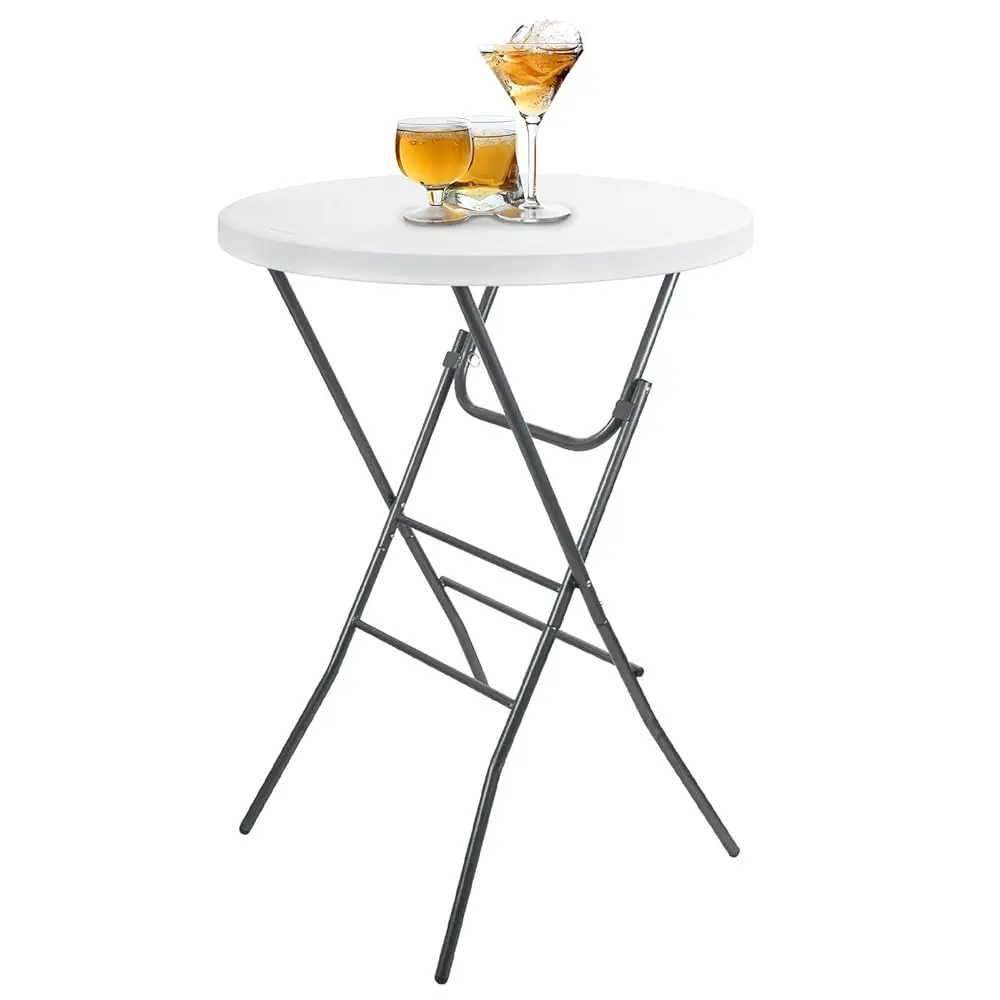 

Cocktail Table 28In Portable Folding Bar Height Table, Compact Round High Top Plastic & Steel Bistro With Removable Legs, For