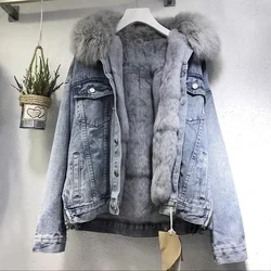 Large fur collar denim jacket women's short winter new versatile Korean version loose plus velvet thickened cotton coat