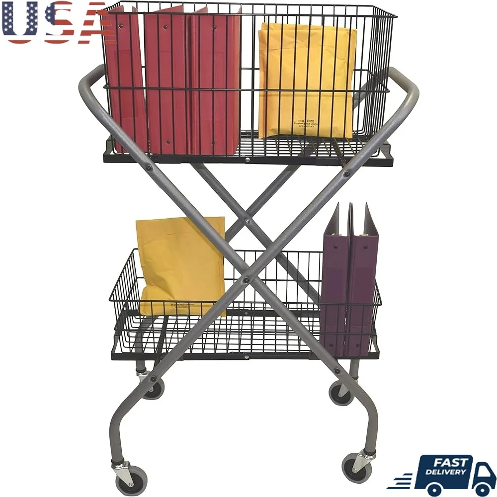 

Custom Built Foldable Office Transport Cart Storage Cart Heavy Duty Steel Frame Collapsible with 6" Top 12" Bottom Baskets