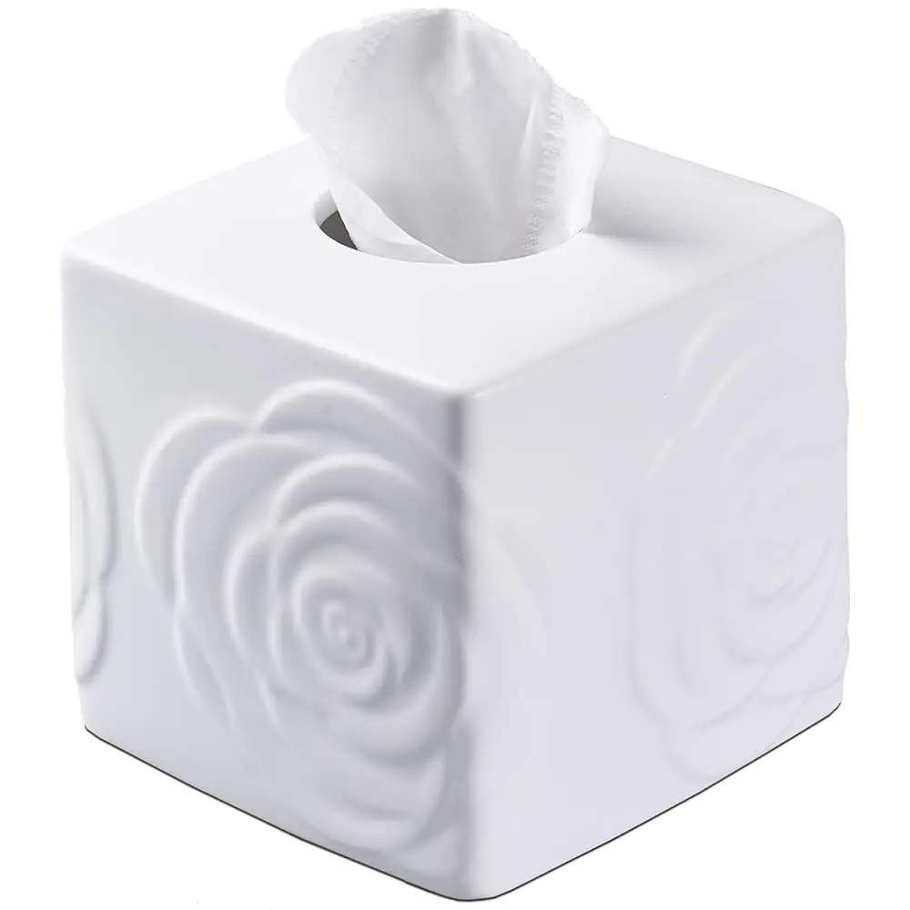 

White Ceramic Rose Tissue Box Cover, Carved Flowers Large Square Tissue Box Holder Decorative For Bathroom, Vanity, Kitchen