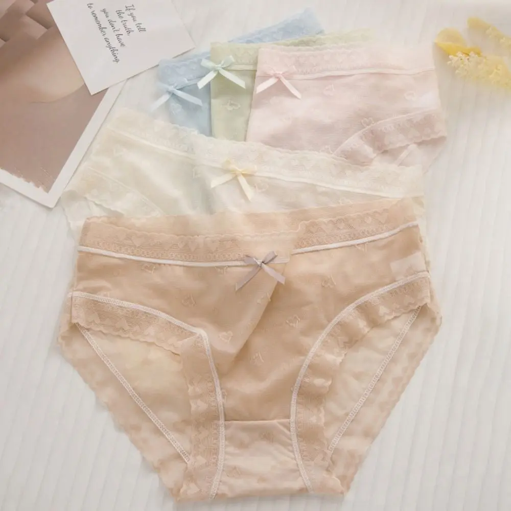 

5Pcs Mesh Transparent Lace Bowknot Panties Thin Mid Waist Seamless Briefs Cotton Crotch Underpants Underwear for Women Lady