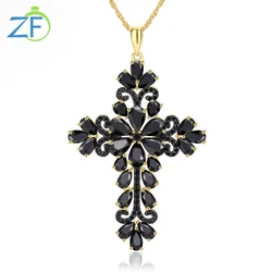 GZ ZONGFA Cross Black Spinel Pendant Natural Stone 925 Silver Jewelry for Women Men Unisex 14K Gold Plated Party Birthday Gifts