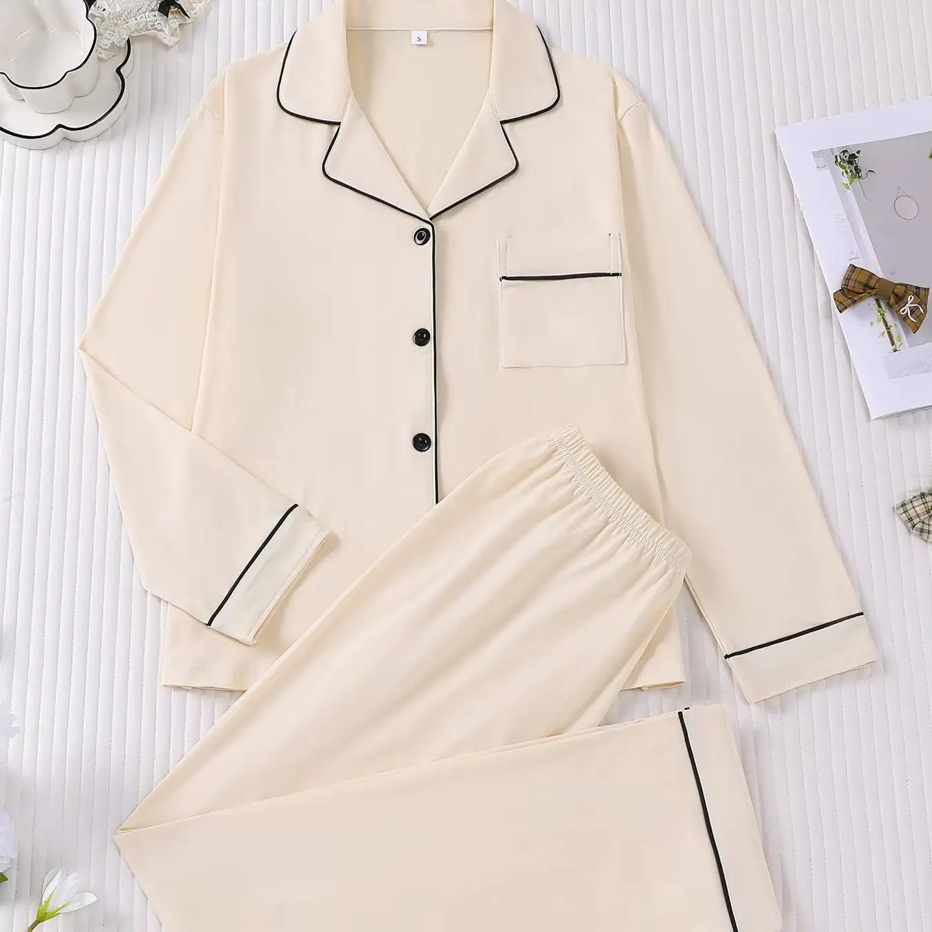 

Women's Solid Color Pajama Set Long Sleeve Notched Collar Loungewear, Comfortable Home Sleepwear Nightwear for Women, Ladies Gif