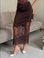 Trendix Women Patchwork Lace Skirts 2025 New High Waist Slim Hollow Out Maxi Skirts Autumn Brown Fashion Party Club Boho Skirt - Image 3