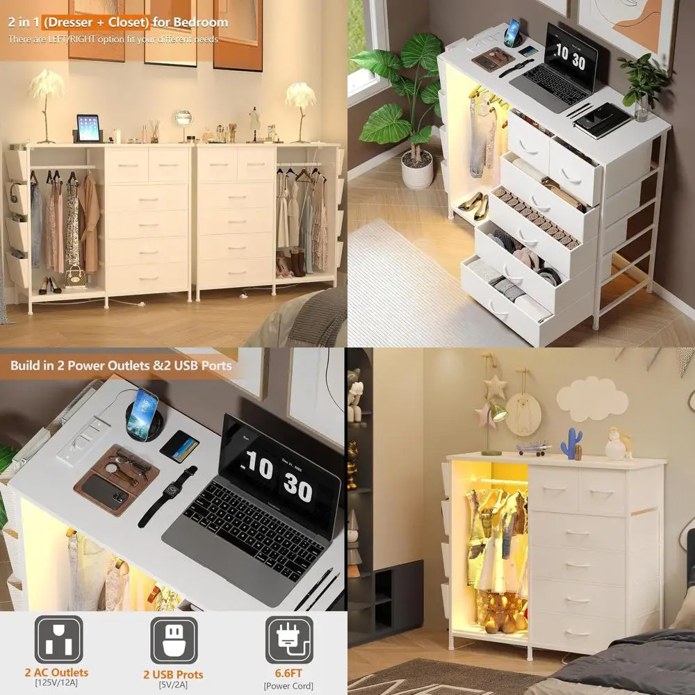 White Wooden Bedroom Clothes Rack with Side Pockets, Hooks, Charging Station, LED Lights, and Fabric Storage