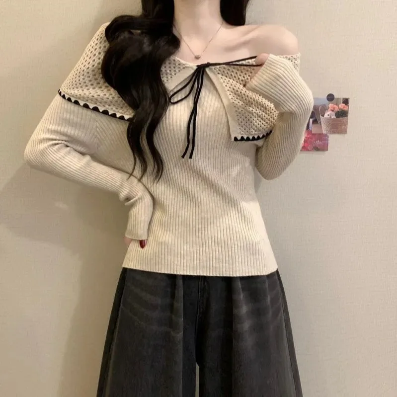 Light Mature Style Off Shoulder Knitted Sweater Women Slim Casual Bow Tie Sexy Top Jumper Pullover