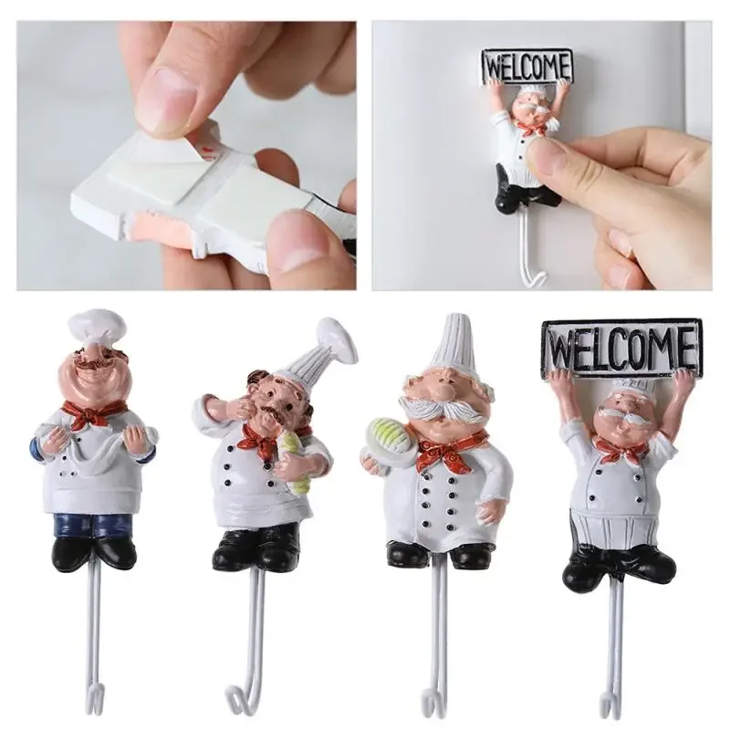 New 1PC Creative Cartoon Chef Shape Stainless Steel Hooks Wall Door Clothes Coat Hat Hanger Cute Kitchen Rustproof Towel Hooks