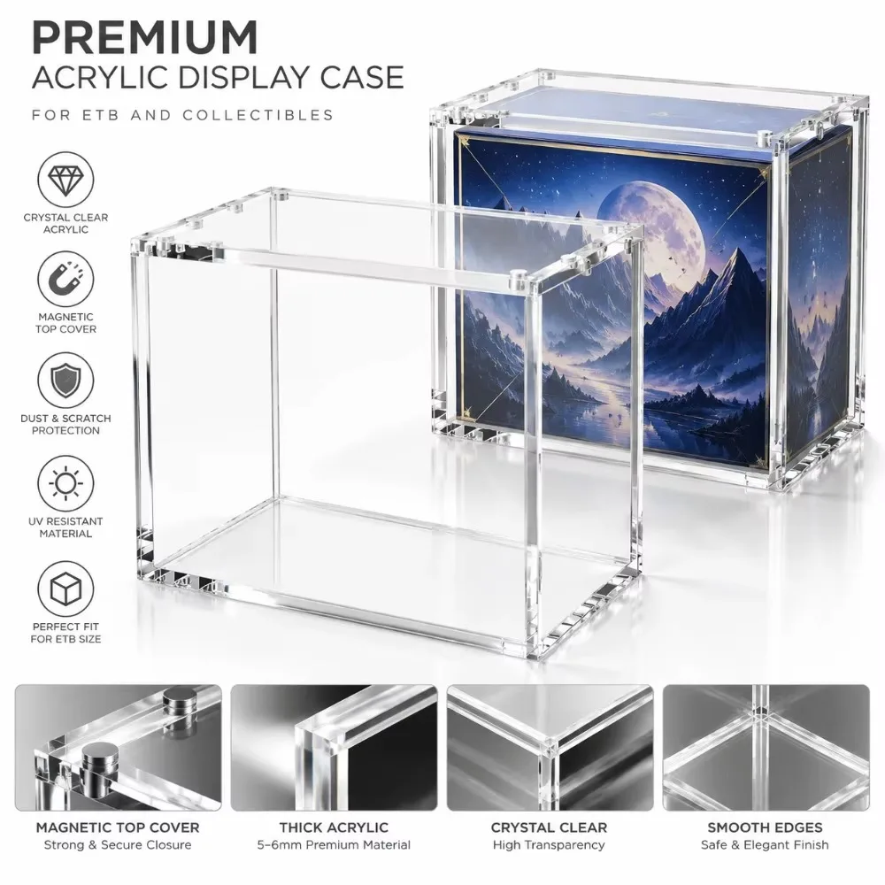 ETB Display Case 5mm Thick Clear Acrylic Protector for Elite Trainer Box Storage,Magnetic Lid Trading Card Collection Organizer,Transparent Collector Showcase for TCG Cards,Shelf Display,Gaming Room and Hobby Setup