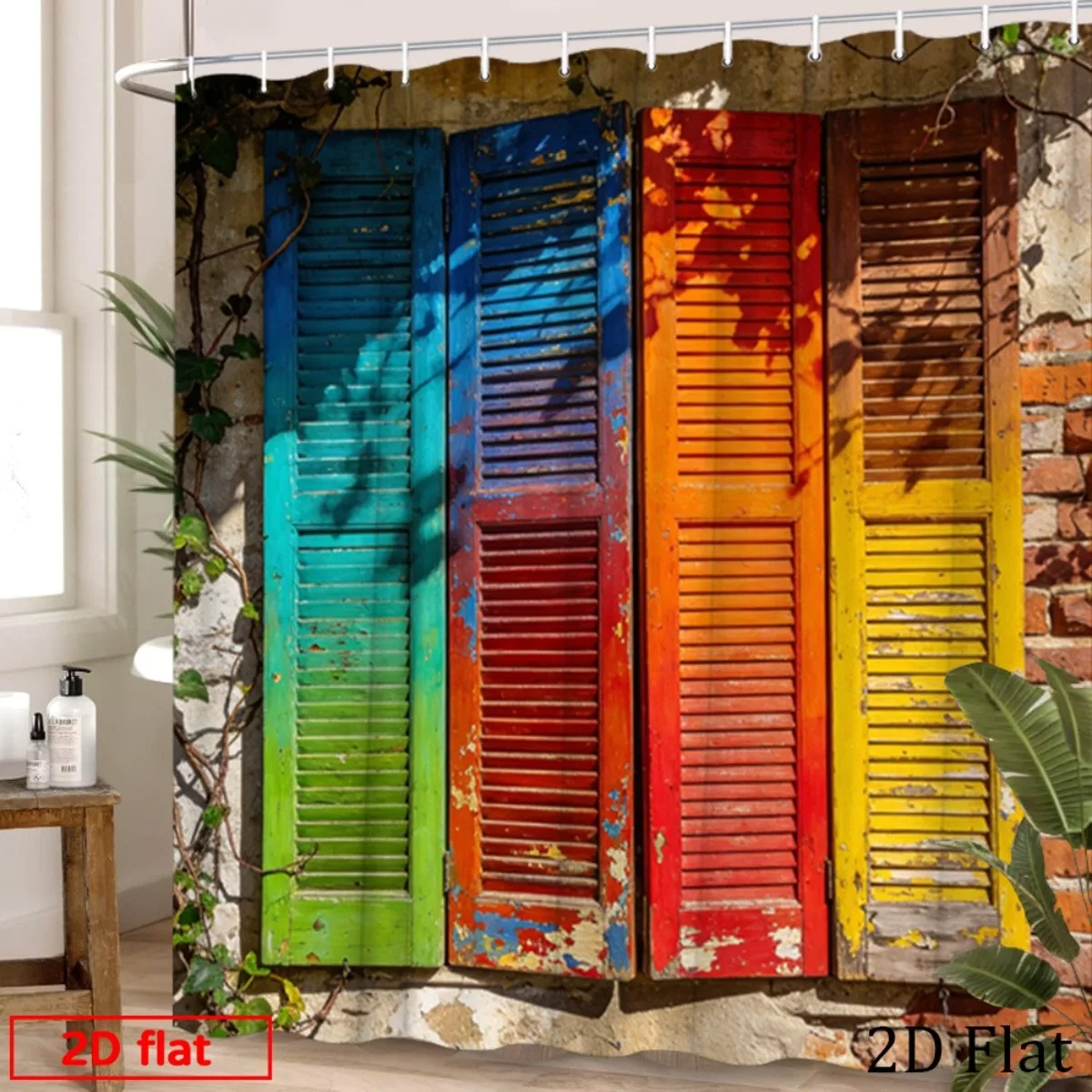 Bohemian Shutters Shower Curtain,Aged Painted Wood Window With Climbing Ivy Sketches,Lovely Curtain for Casual Home Bathroom Use