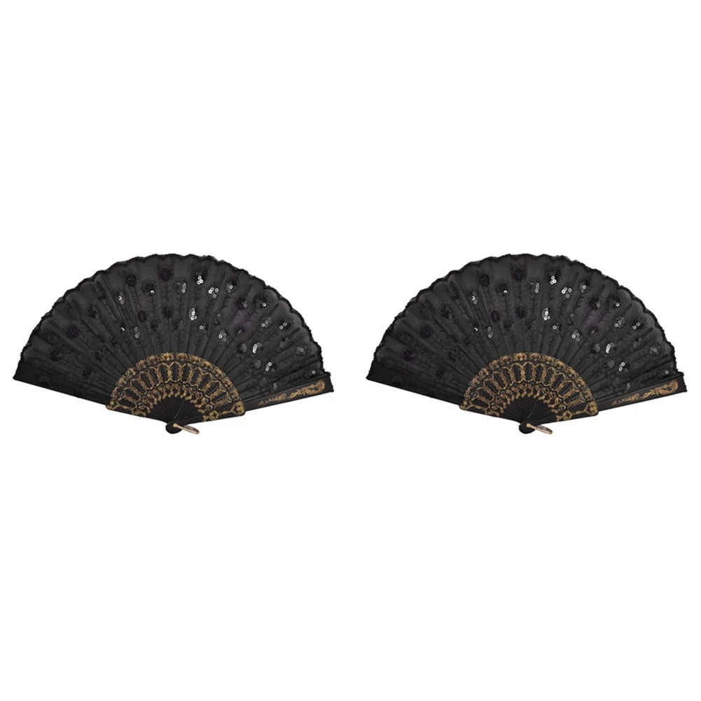 

A96I-2X Black Plastic Frame Embroidery Floral Detail Folding Hand Fan