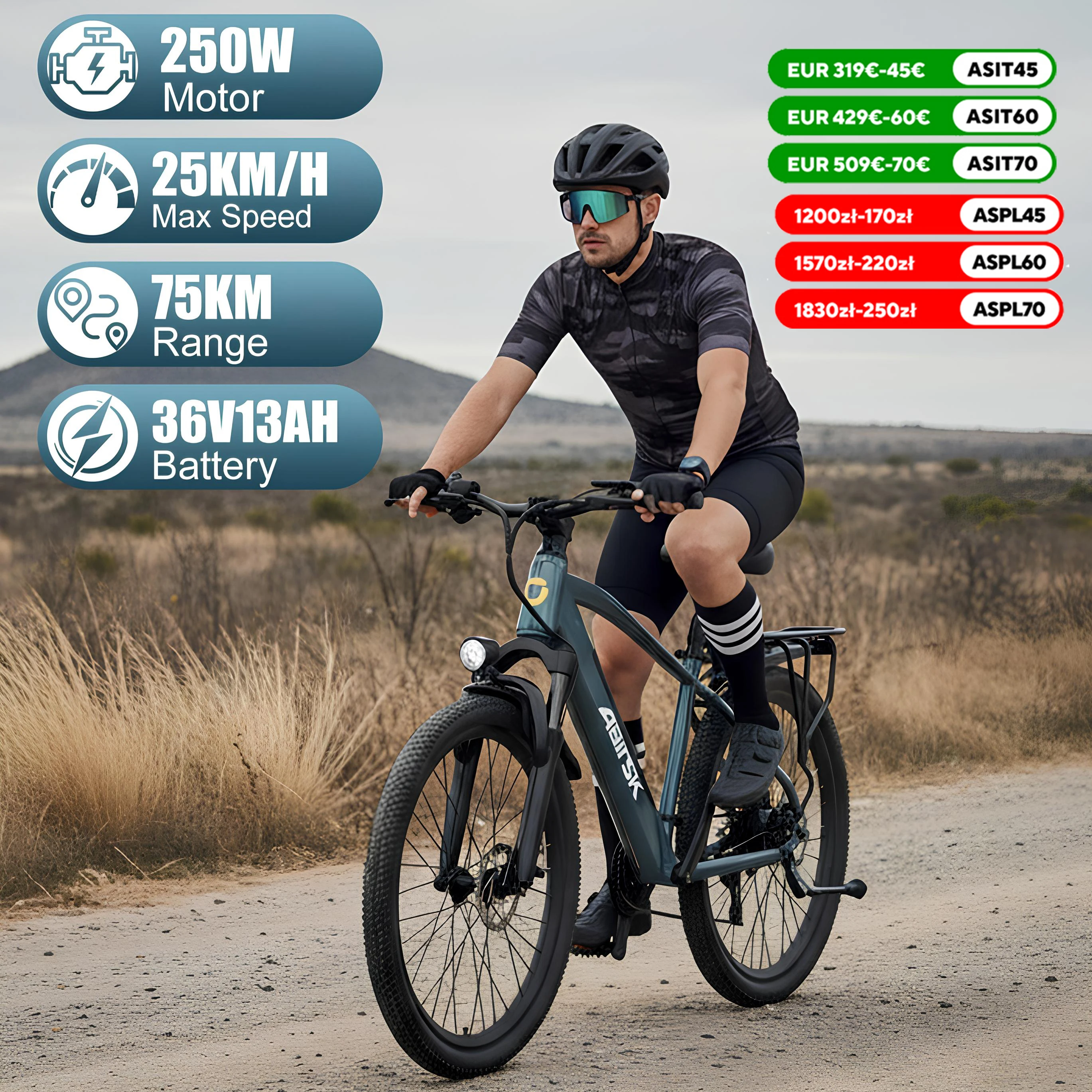 Aairsk 26 "vélo électrique pour adultes, vélo électrique interne à batterie amovible, moteur 250 W, 25 KM/H et 75 KM, amortisseur, vélo de ville électrique