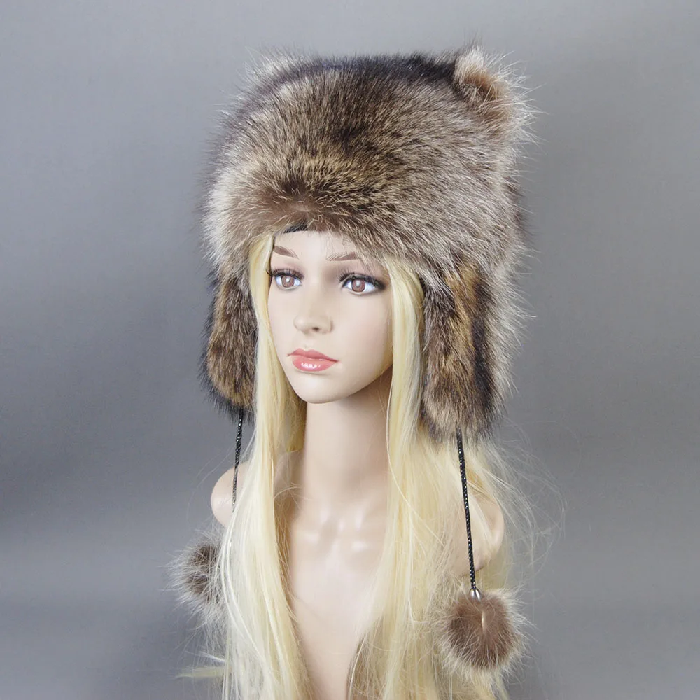 Inverno donna vero animale cappello di pelliccia di procione multicolore morbido di alta qualità con paraorecchie code ushanka moda berretti caldi russi