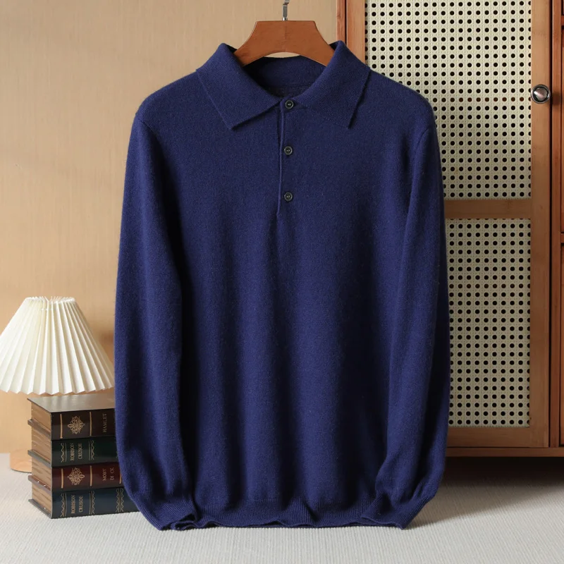 Men's 100% Cashmere Sweater POLO Sweater Knitted Winter New Soft Glutinous Top Long Sleeved High-End Warm Pullover Autumn C