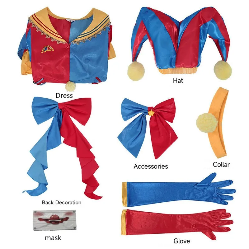 NIEUW Clown-cosplaykostuum voor volwassenen, nar-kostuum, blauw, rood, lolita-jurk en hoed met handschoenen, kerst- en halloween-feestpak - afbeelding 1