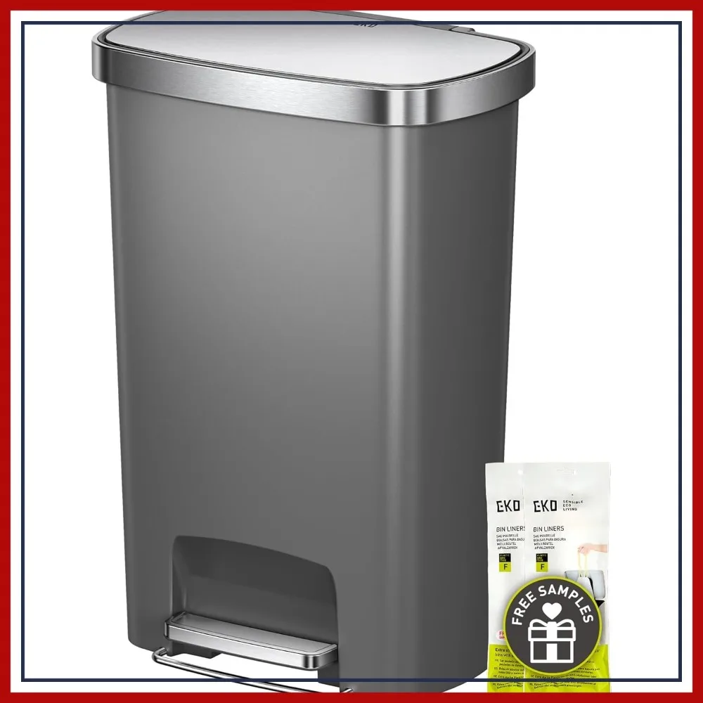

13.2 Gallon Step Trash Can with Stainless Steel Lid, Soft-Close, Stay-Open, Deodorizer, Wide Pedal