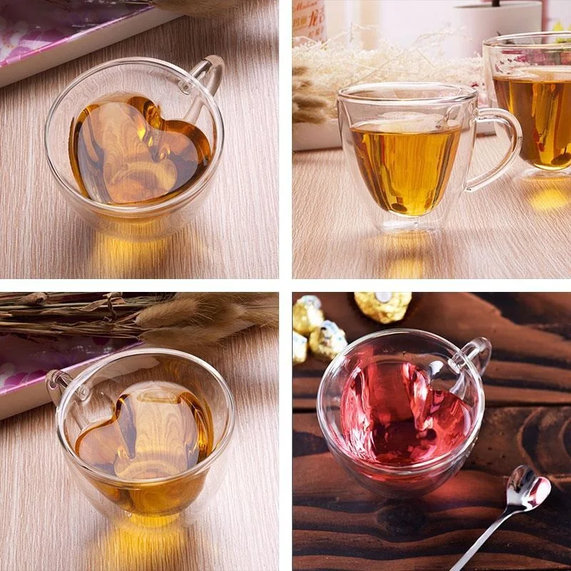 

180ml 240ml Heart Shaped Double Wall Layer Clear Green Tea Travel Cup Lover Coffee Cup Gift Lover Glass Xicara Thermo Beer Mug