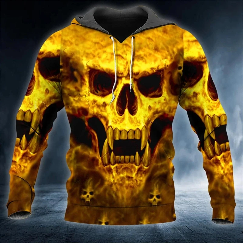 Men's Skull Flame 3D Print Hoodies Hip Hop Street Style Outdoor Long Sleeve Hooded Sweatshirt Casual Men Sports Daily Streetwear