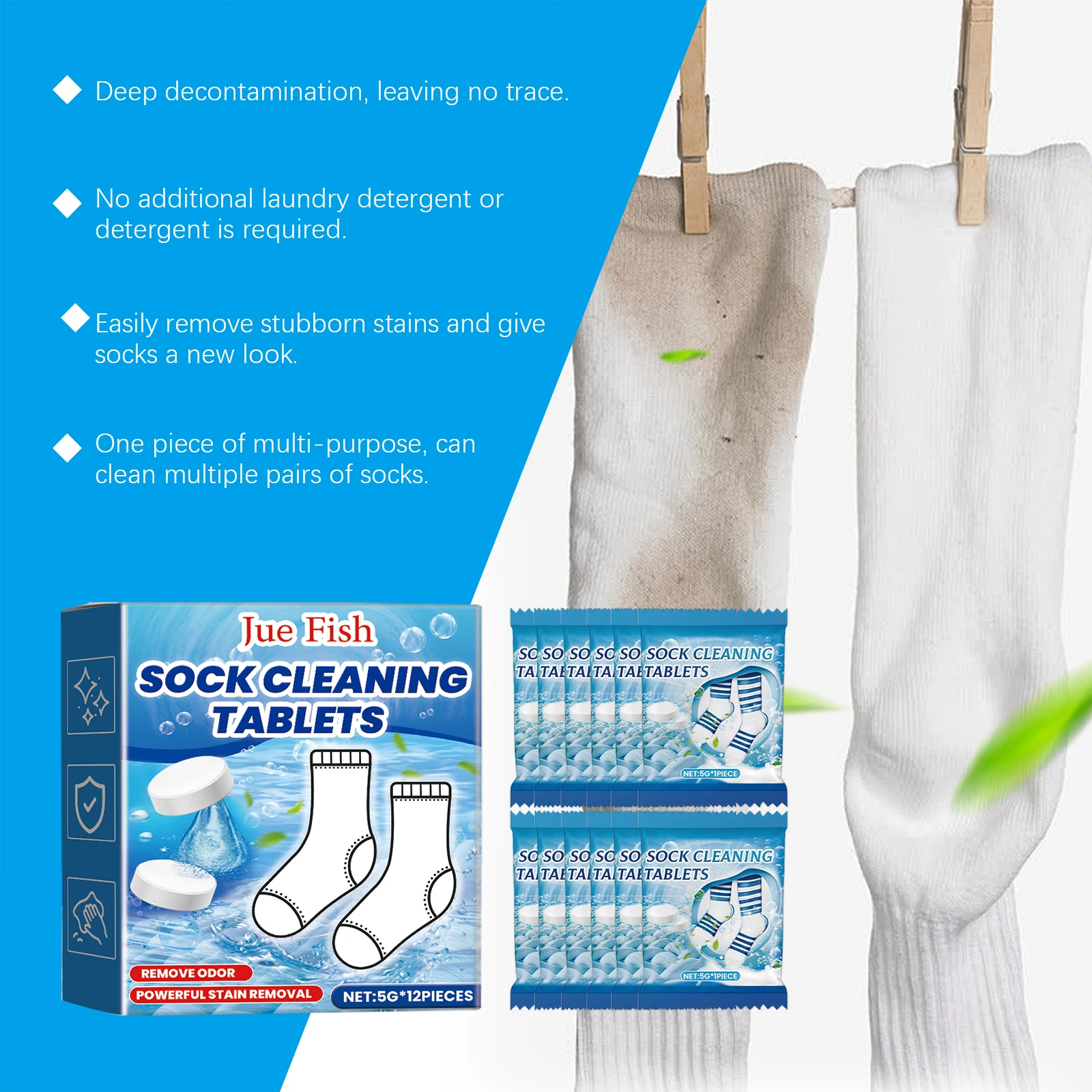 Sock Cleaning Tablets Laundry Effervescent Remove Stubborn Stains Deep Clean Remove Odor Long-Lasting Antibacterial White Sock