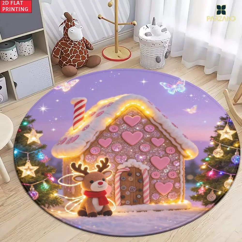 Christmas Round Rug Living Room Carpet Green Tree Wreath Snowflake Sock Floor Mat