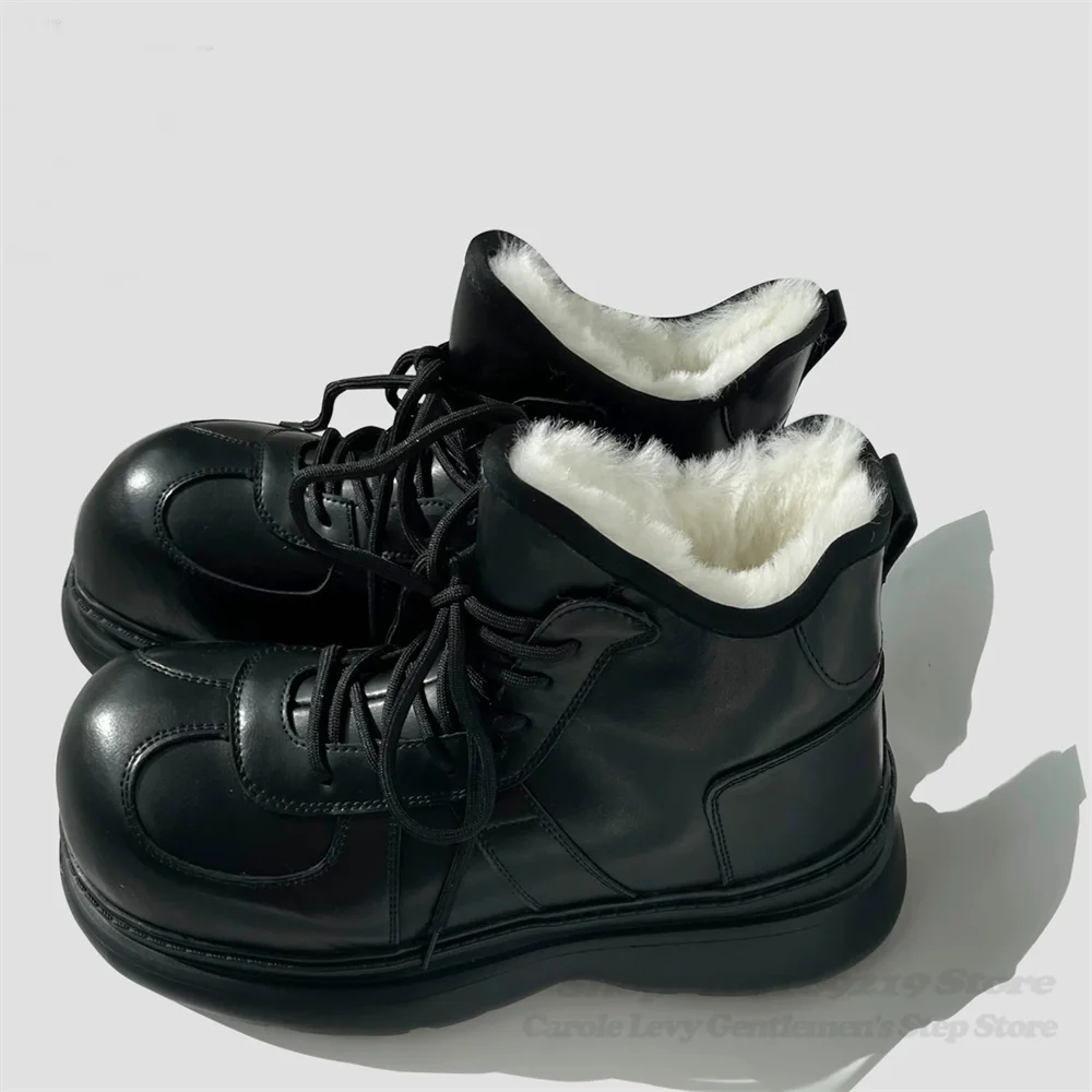Plush Leather Boots Men's Thick Soled Leather Winter Mid Top Shoes Big Toe Outdoor Warm Snow Boots Lace Up Big Cotton Shoes