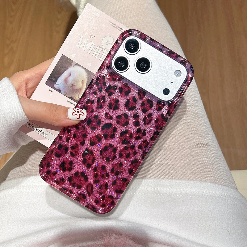 Ins Beliebte Glitzernde Rose Schwarze Leopardenmuster Hülle für iPhone 13 14 15 16 17 18 Pro Max Stoßfeste Harte IMD Rückseite – Detail 12
