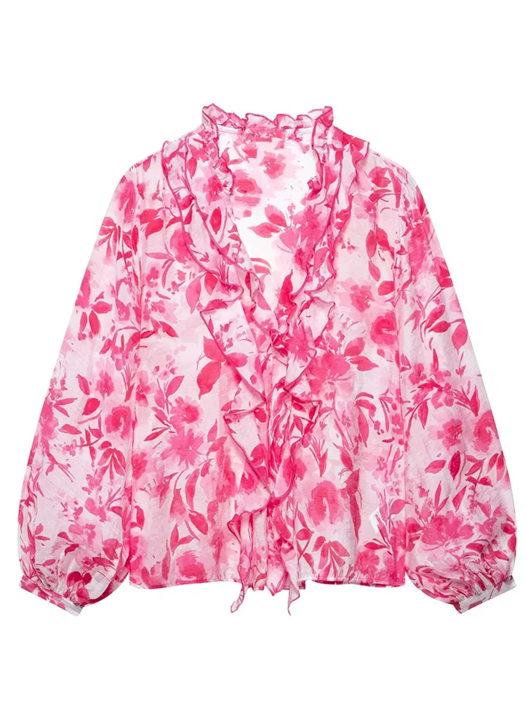 

Zevity Женская мода V-образным вырезом Многоуровневые оборки Цветочный принт Повседневная свободная блузка Женская рубашка с рукавами-фонариками Blusas Шикарные топы LS9034