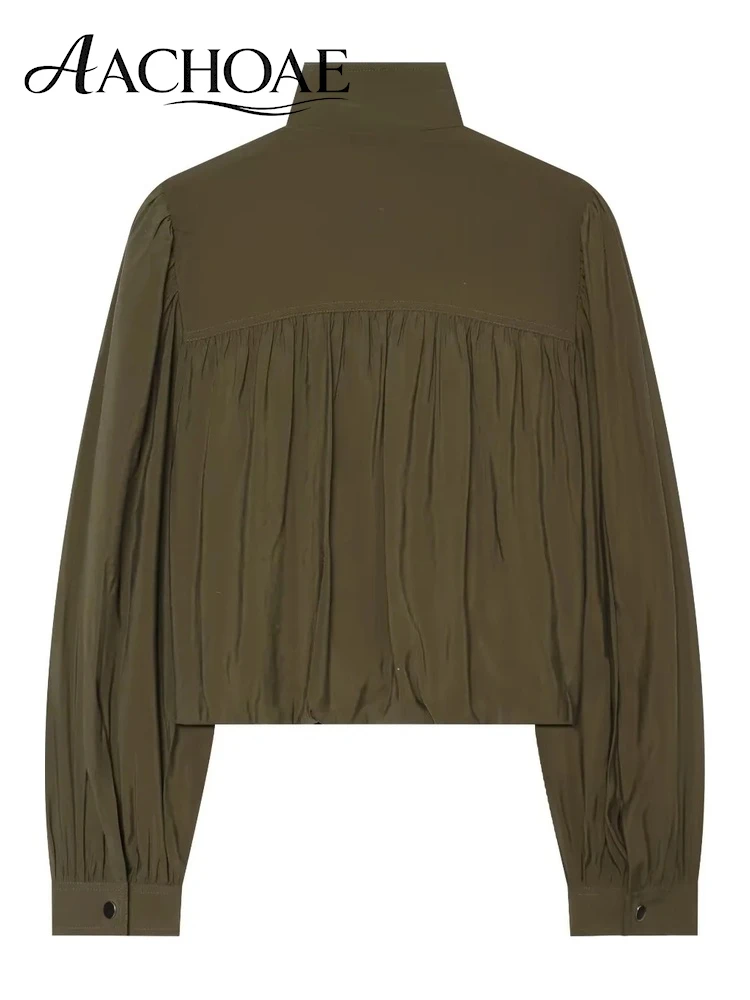 AACHOAE Women Cropped Jacket Ruched Shoulder Stand Collar Zip Up Balloon Sleeve Loose Lightweight Casual Windbreaker Outerwear