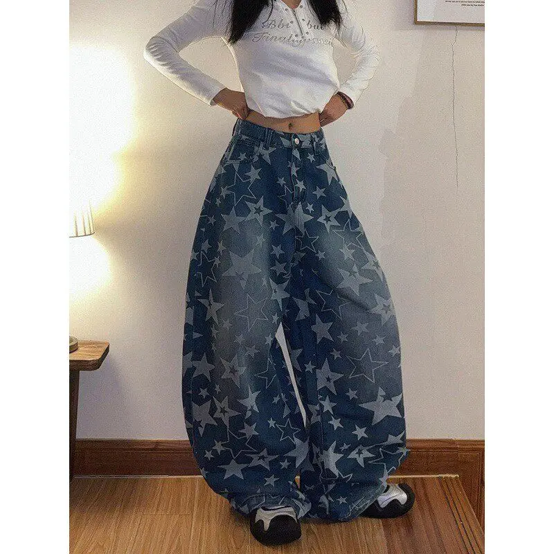 

Retro American Washed Star Print Denim Jeans Women's Autumn New Style Slimming Wide Leg Long Trousers Casual Straight Cut