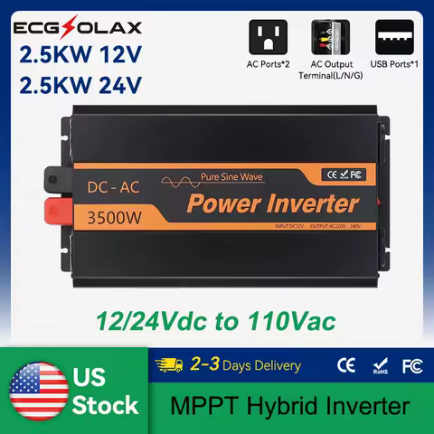 ECGSOLAX 2500W Pure Sine Wave Inverter 12V 24V DC to 110V Off-Grid AC Converter with USB Port, Remote Control Meter