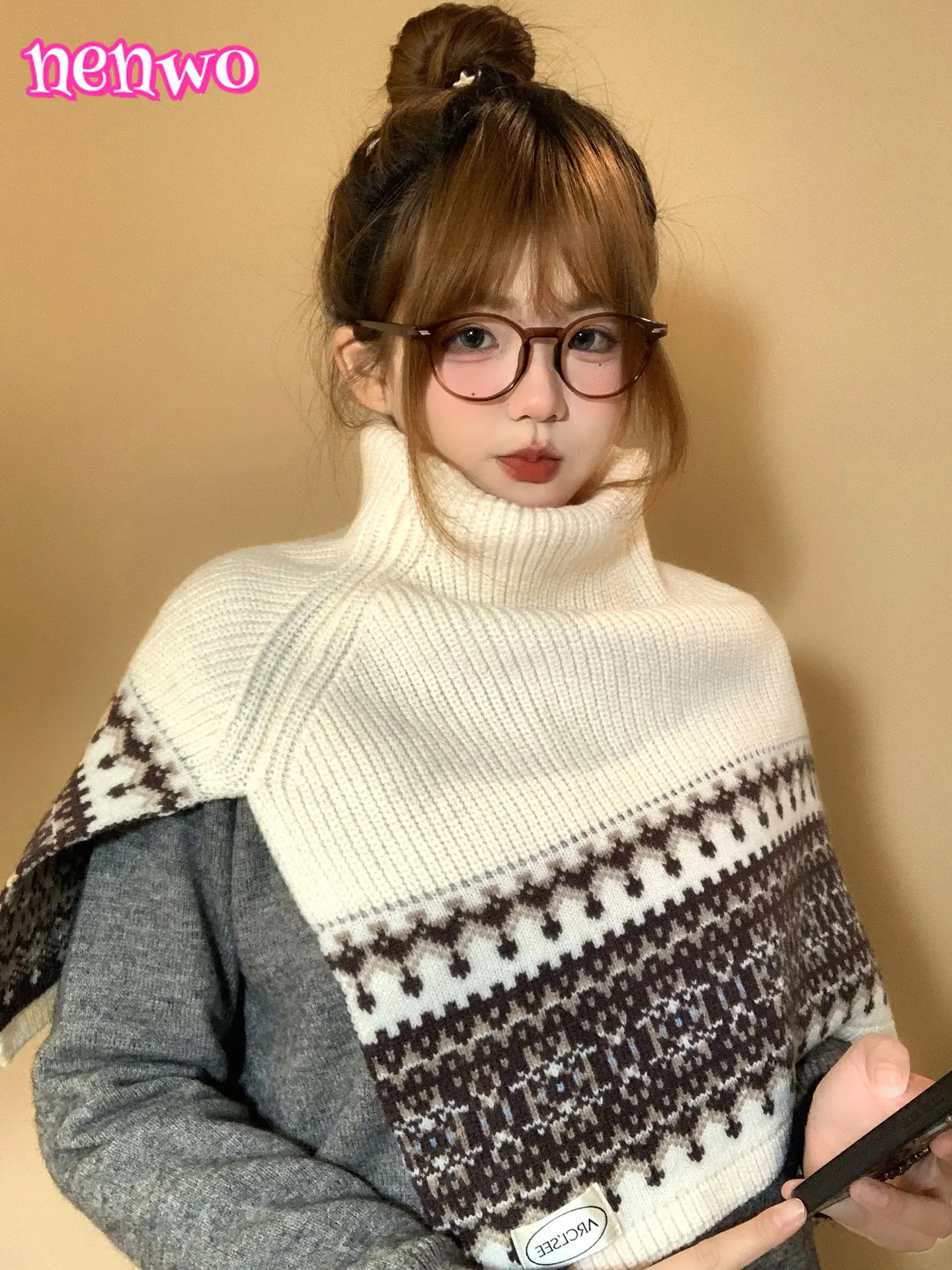 

Вязаный шарф в стиле Лолиты Fair Isle с высоким воротом, теплая шаль для женщин, осенне-зимняя высококачественная накидка, многослойный теплый шарф, верхняя одежда