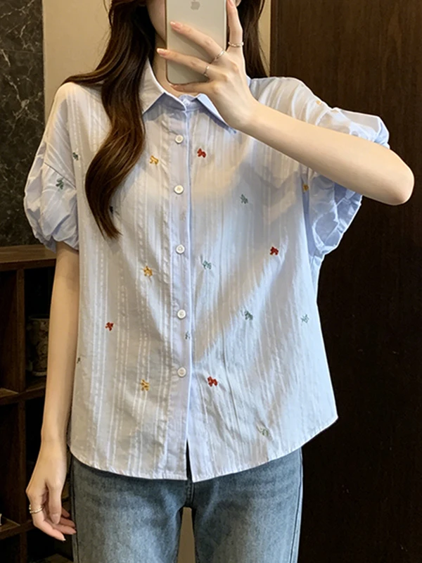 

Summer 2026 Women's Embroidered Stripe Short Sleeve Shirt Light Blue Unique Beautiful Top for plus Size Comfortable Bre...
